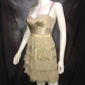 BCBGMaxAzria Petites Beige Sleeveless Party Cocktail Dress Tiered Sequin 4P